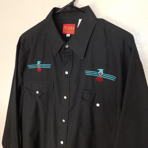 Plains Western Wear Pearl Snaps Shirt Adult XL Black Embroidered Thunderbird - Picture 3 of 9